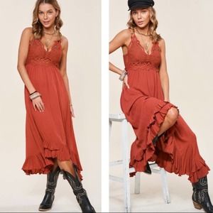 Burnt Orange Breezy Hi Low Long Slip Midi Dress